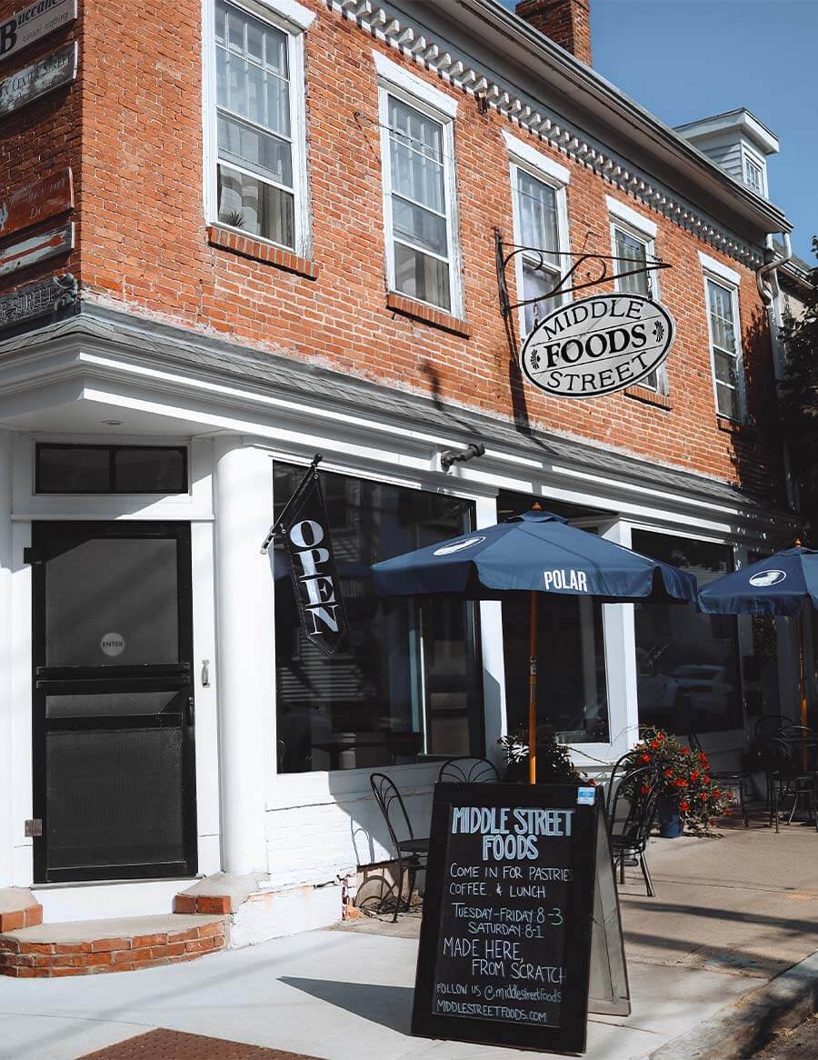 Middle Street Foods cafe storefront in Newburyport with welcoming entrance