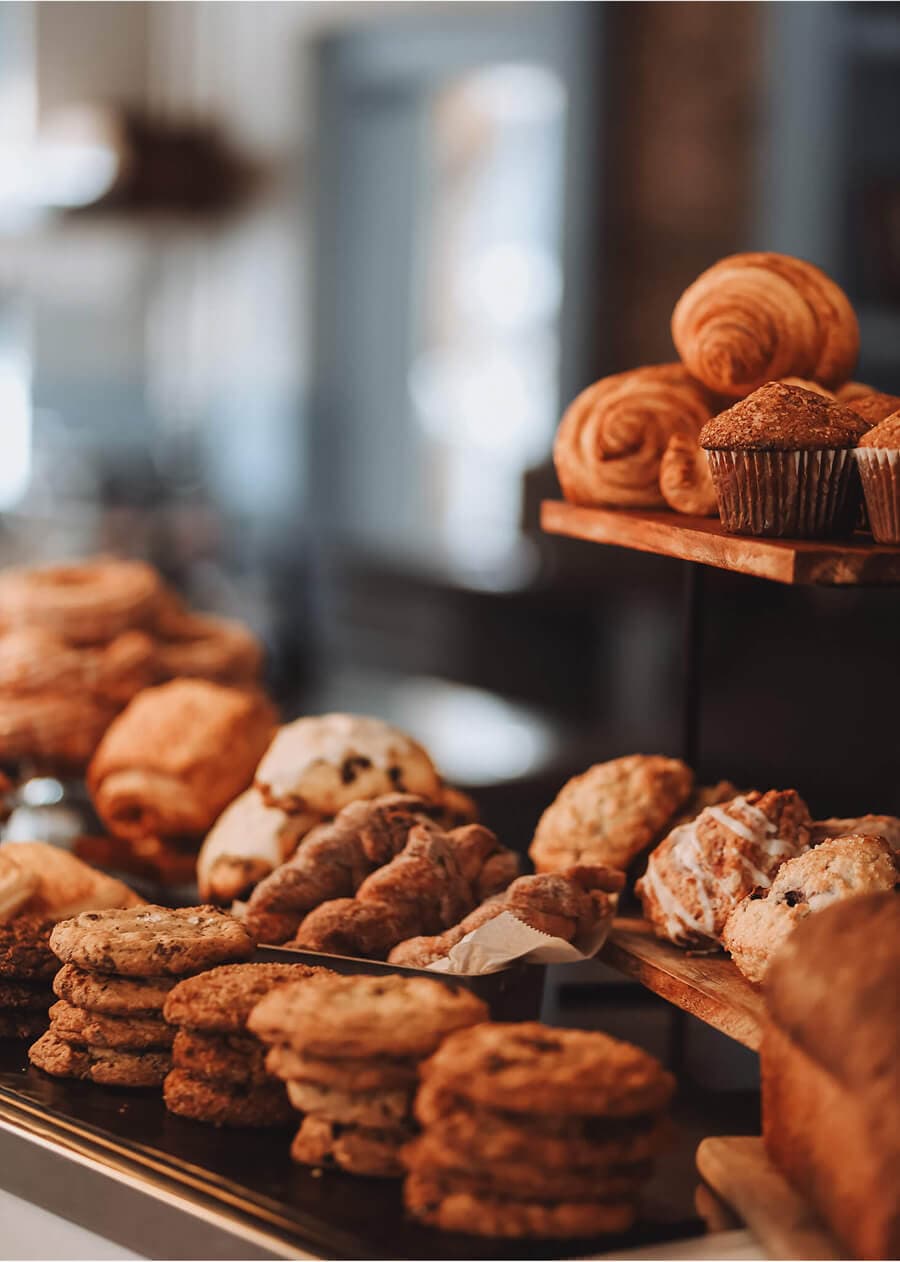 Assorted fresh pastries displayed at Middle Street Foods bakery.